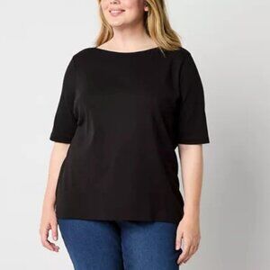 St. John's Bay Womens Plus Boat Neck Elbow Sleeve T-Shirt, Black Sz 4X 925326